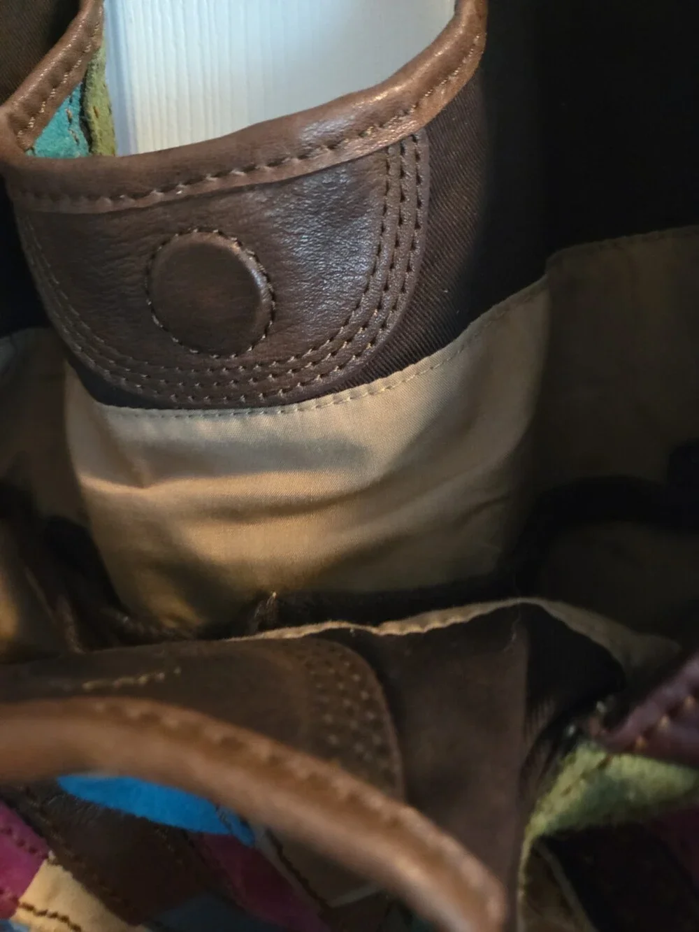 Lucky Brand Leather Hobo Tote Brown Blue Pink Patchwork - Used